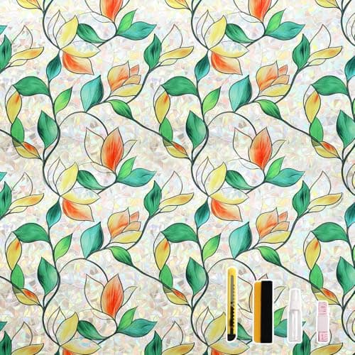 Finnez Rainbow Stained Glass Window Privacy Film Static Cling No Glue UV Blocking Heat Control Removable Reusable for Home Office Bathroom Door Stained Leaf 175 x 787