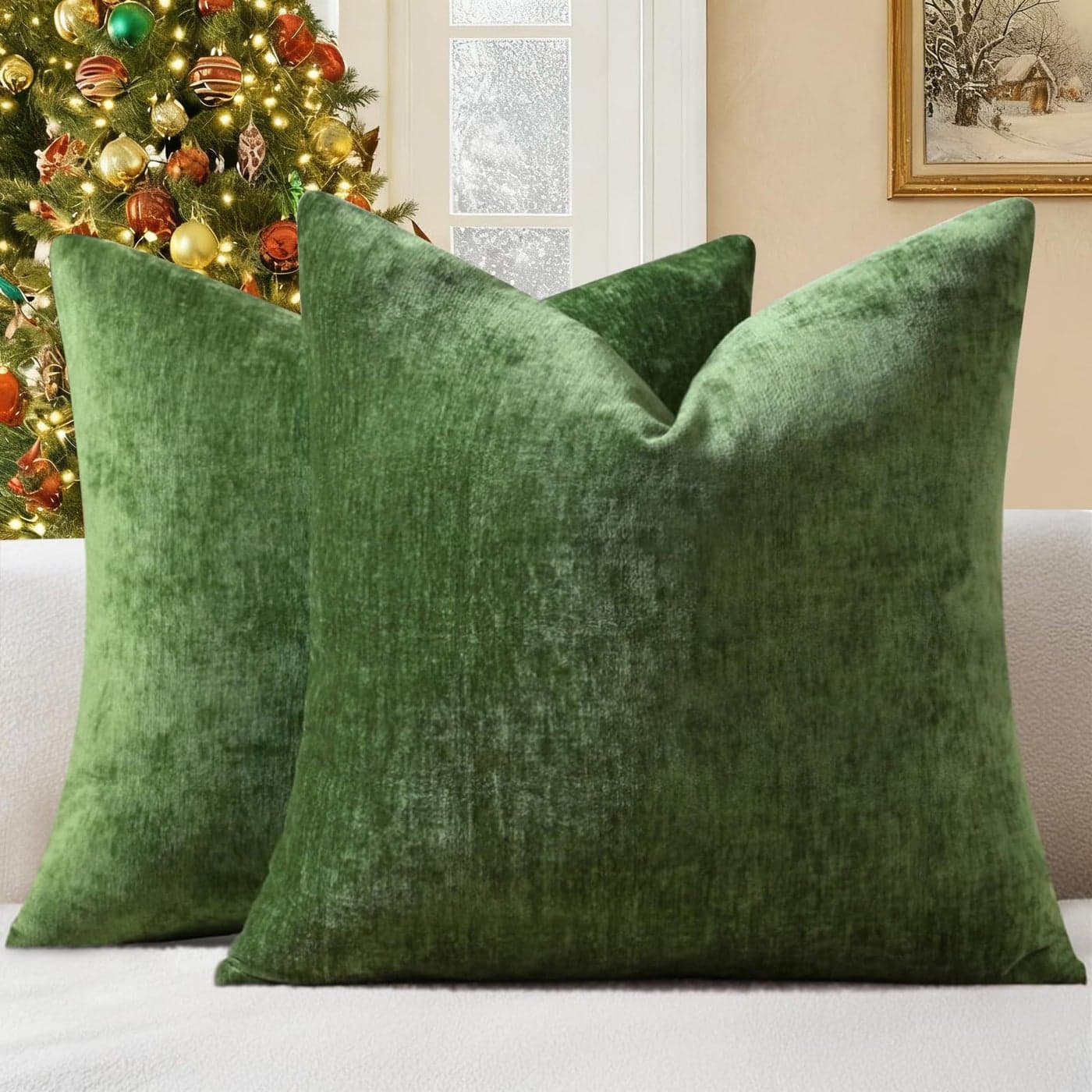decorUhome Chenille Moss Green Christmas Throw Pillow Covers 20x20 Inch Set of 2 Decorative Soft Couch Pillow Covers Solid Dyed Accent Farmhouse Neutral Square Pillow Cases for Sofa