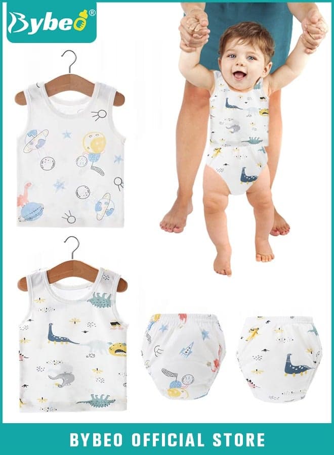 4 PCS Baby Clothes Set, Round Neck Sleeveless Printed T-Shirt + Elastic Waist Potty Training Underwear for Boys and Girls