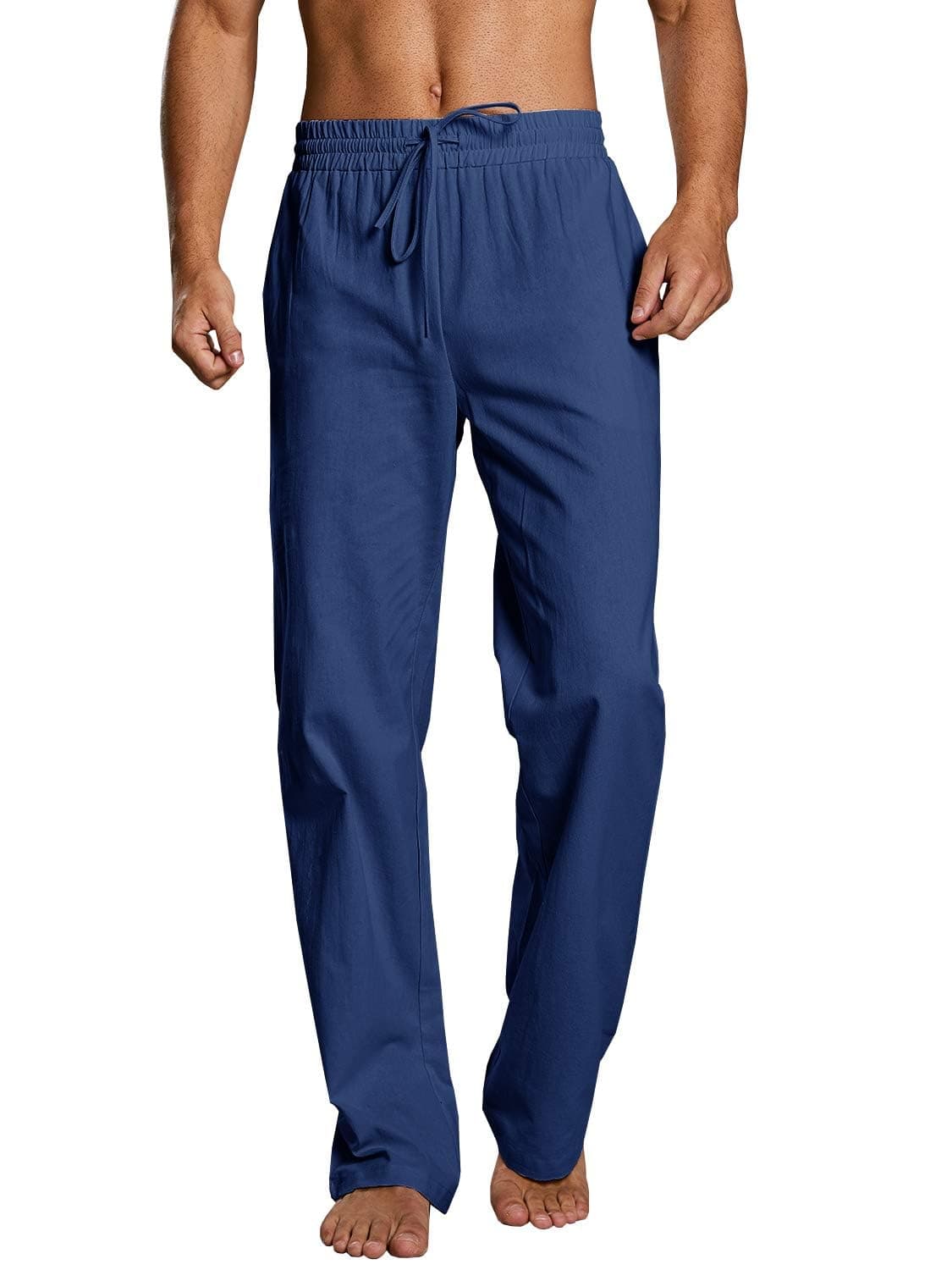 PASLTER Mens Casual Linen Pants Loose Fit Elastic Drawstring Waist Straight-Legs Summer Yoga Beach Long Pants