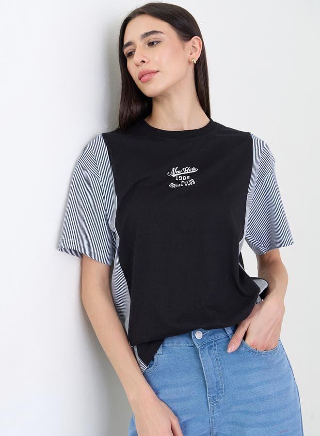 Black Oversized Slogan Printed 100% Cotton T-Shirt