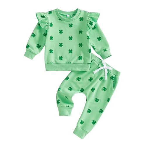 Lamuusaa Toddler Baby Girl St Patricks Day Outfit Shamrock Print Long Sleeve Sweatshirt Long Pants 2Pcs Clothes Set (Green, 12-18 Months)