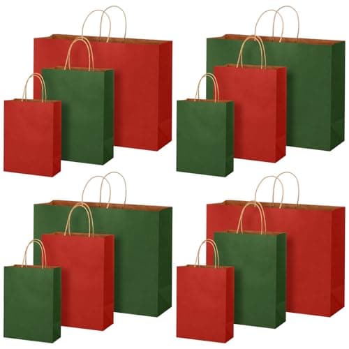 Tenceur 24 Pcs Red and Green Christmas Gift Bags Kraft Paper Bags with Handles Assorted Sizes for Christmas Holiday Party Favors 8 Extra Large 12 8 Large 10 8 Medium 8