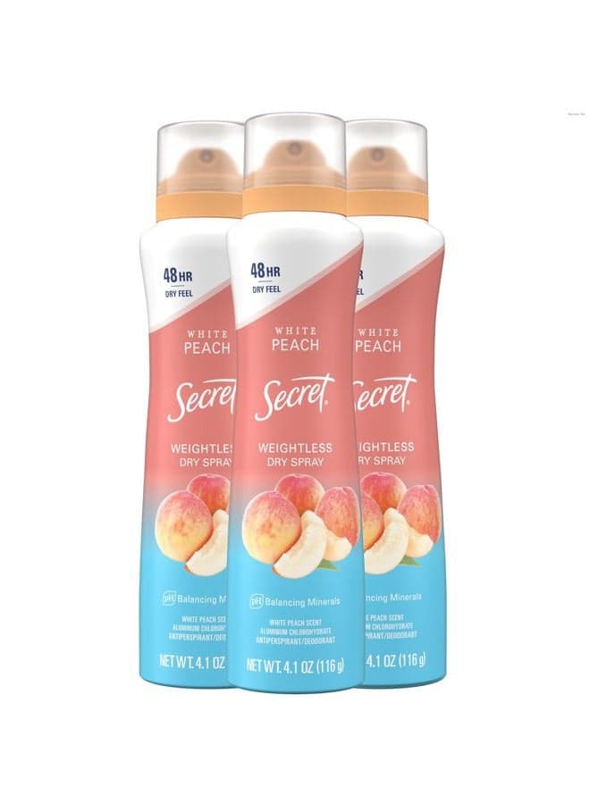 Dry Spray Antiperspirant Deodorant for Women, 48hr Weightless Sweat & Odor Protection, Gentle on Skin, White Peach Scent, 4.1 oz (Pack of 3)