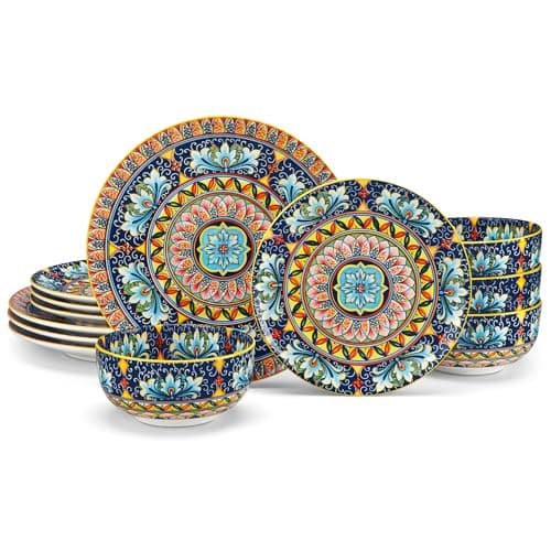 vancasso 12 Pieces Dinnerware Sets, Yellow Plates and Bowls Set, Porcelain Dishes Set for 4, Microwave and Dishwasher Safe, Scratch Resistant, Bohemian Style Dining Ware Service for 4, Series SIMI