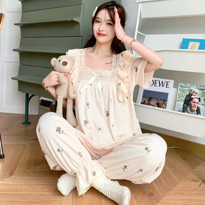 Wrinkled Pajamas For Women 2024 Sweet Short-Sleeved Shorts Pants Plus Fat 125Kg Fat Mm Home Clothes Three Pieces