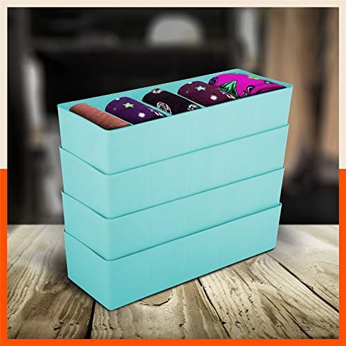 Bathla Drawer Organizers (Set of 4)- 5 Grids Jade Color Multi-purpose Closet Storage Dividers | Stackable Wardrobe Organizers for Socks, Innerwear, Ties, Jewellery & Stationary | Plastic Storage Box