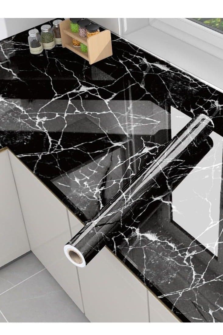 Marble Contact Paper, Wallpaper Peel and Stick Kitchen, Marble Wallpaper Vinyl Contact Paper for Cabinets Countertops Wall Covering 60cm*10m, Black