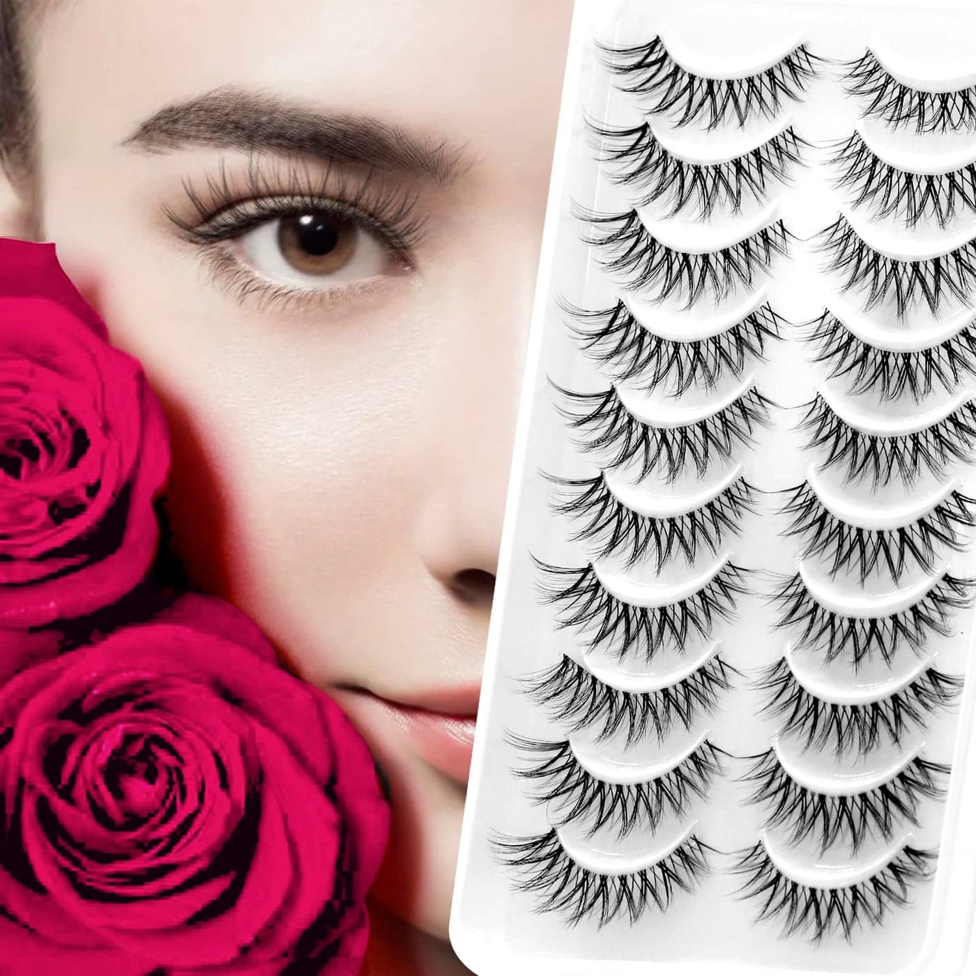Bershnor False Lashes 3D CatEye Volume Eyelashes Clear Band Lashes Natural Look Faux Mink Invisible Strip Wispy Fake Lashes 10 Pairs