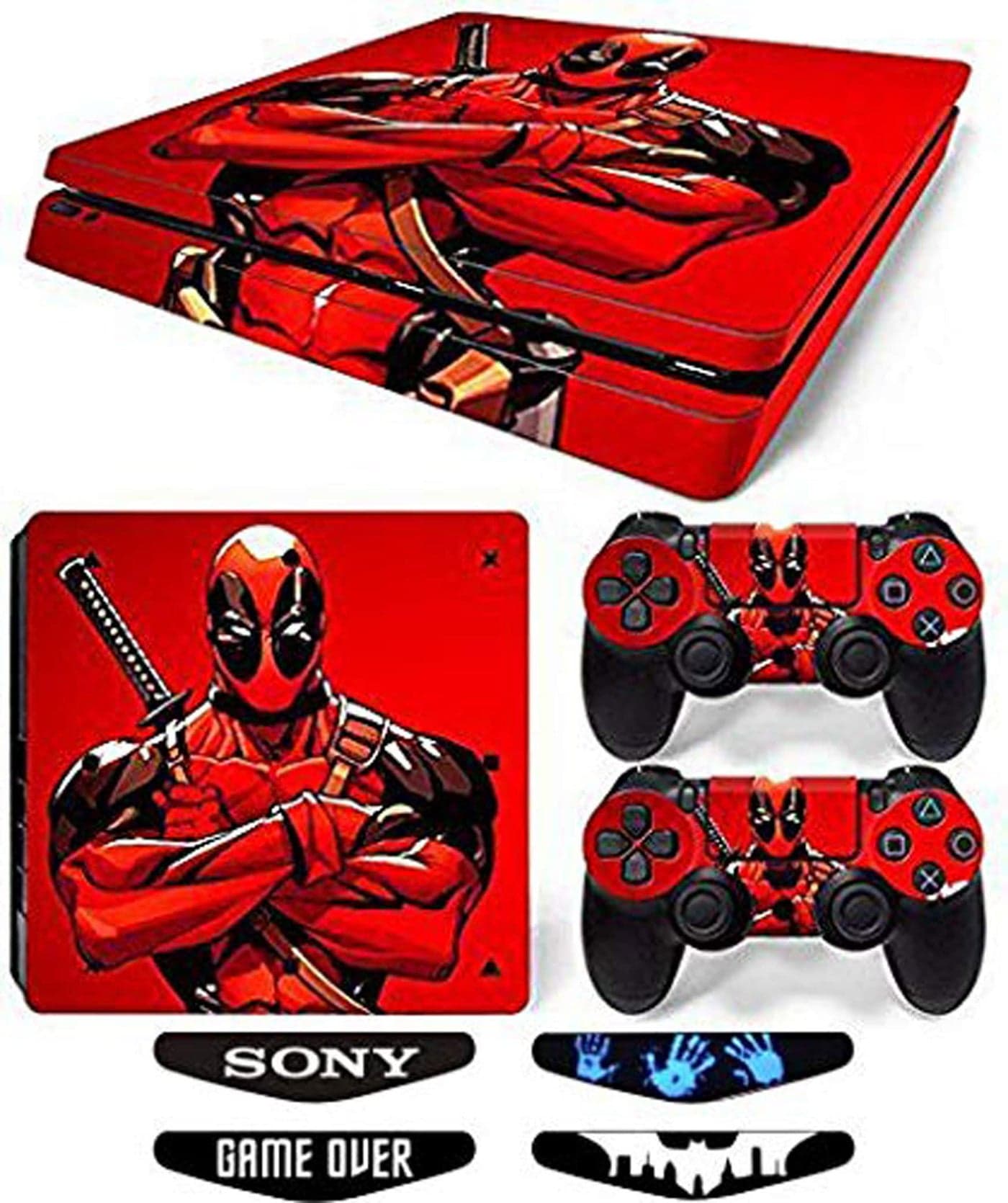 Elton Dead-Pool King Red Theme 3M Skin Sticker Cover for PS4 Slim Console and Controllers Full Set Console Decal Stickers for Front & Back 4 Led bar Decal +2 Controller Decal Cover