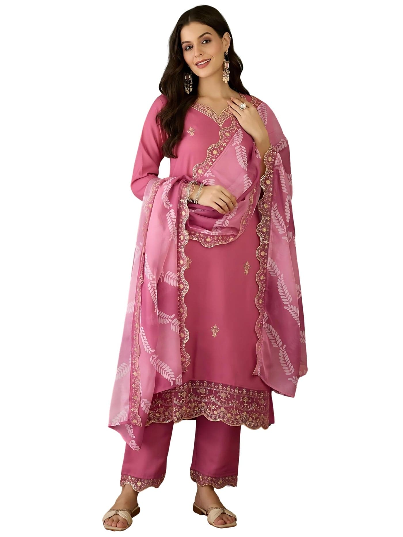 Naixa Women's Rayon Embroidered Straight Kurta with Pant and Dupatta Sets (NX-795-Pink-XXL)