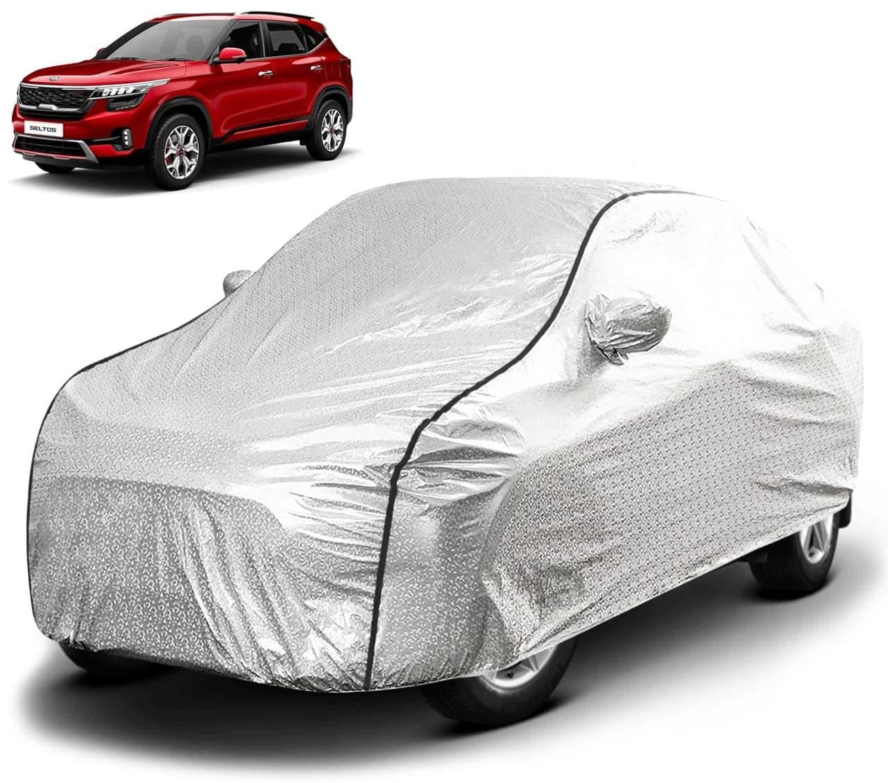 FABTEC Waterproof Car Body Cover for Kia Seltos with Mirror Pocket, Soft Cotton Lining, Triple Stitched (Heat Resistant Metallic Silver with Black Piping)