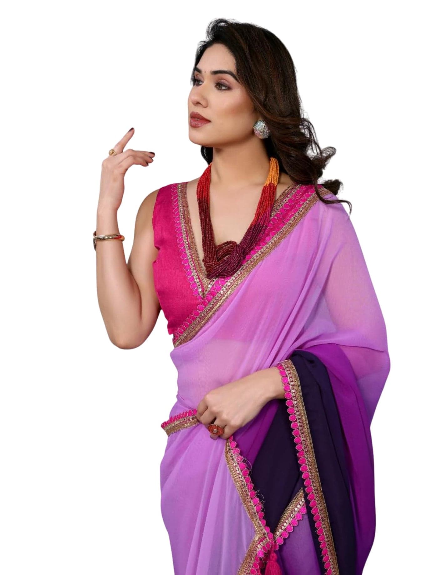 Ekasya Women Georgette Padding Purple Solid Pattern Printed Saree With Unstitched Blouse (E5655_5)