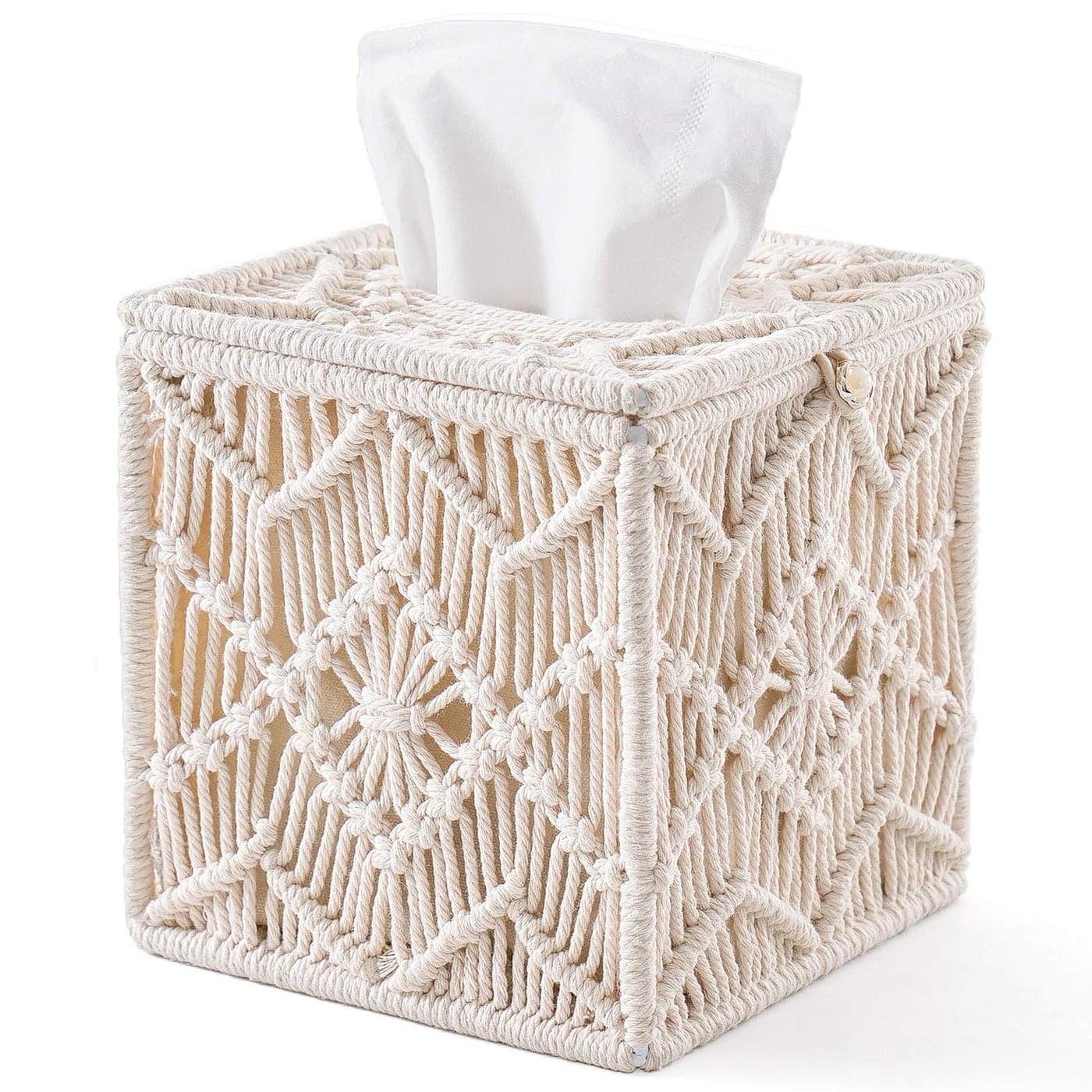 Mkono Tissue Box Cover Boho Decor Square Tissues Holder with Bead Buckle Woven Macrame Napkin Facial Paper Organizer Home Desk Vanity Countertop Decor for Bathroom Bedroom Living Room Office Ivory