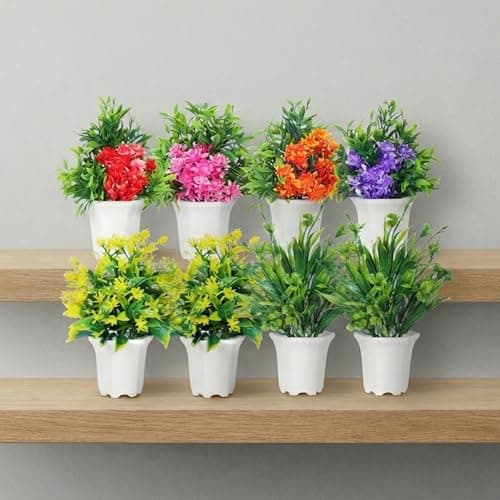 Dekorly Wild Artificial Flower Plants With Cute Hexa Pot|Faux Flower Plant For Home Office Decor|Tabletop And Desk Decoration|Artificial Flower For Balcony Indoor Decor|Pack Of 8 (Multi-I) - Plastic