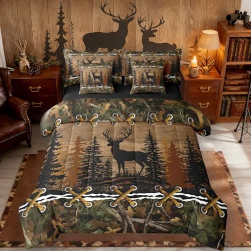 Deer Bed in a Bag Queen Comforter Set 7 Piece | Country Camo Bedding Sets Mens Elk Moose Comforter and Sheet Set, Deer Comforter Set Woodland Animals Farmhouse Bed Sets,Cabin Hunting Decor