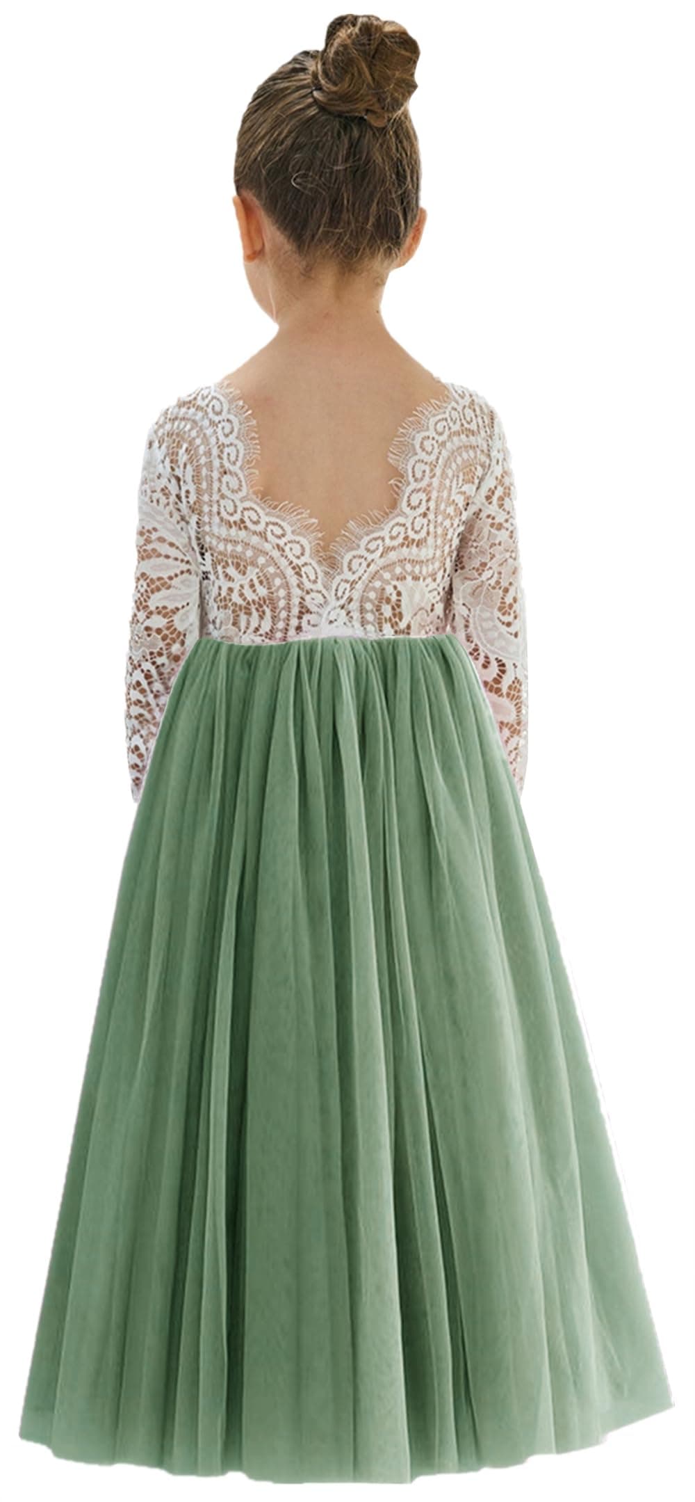 2Bunnies Girl Peony Lace Back A-Line Straight Tutu Tulle Party Flower Girl Dress (Sage Sleeve Maxi, 5)