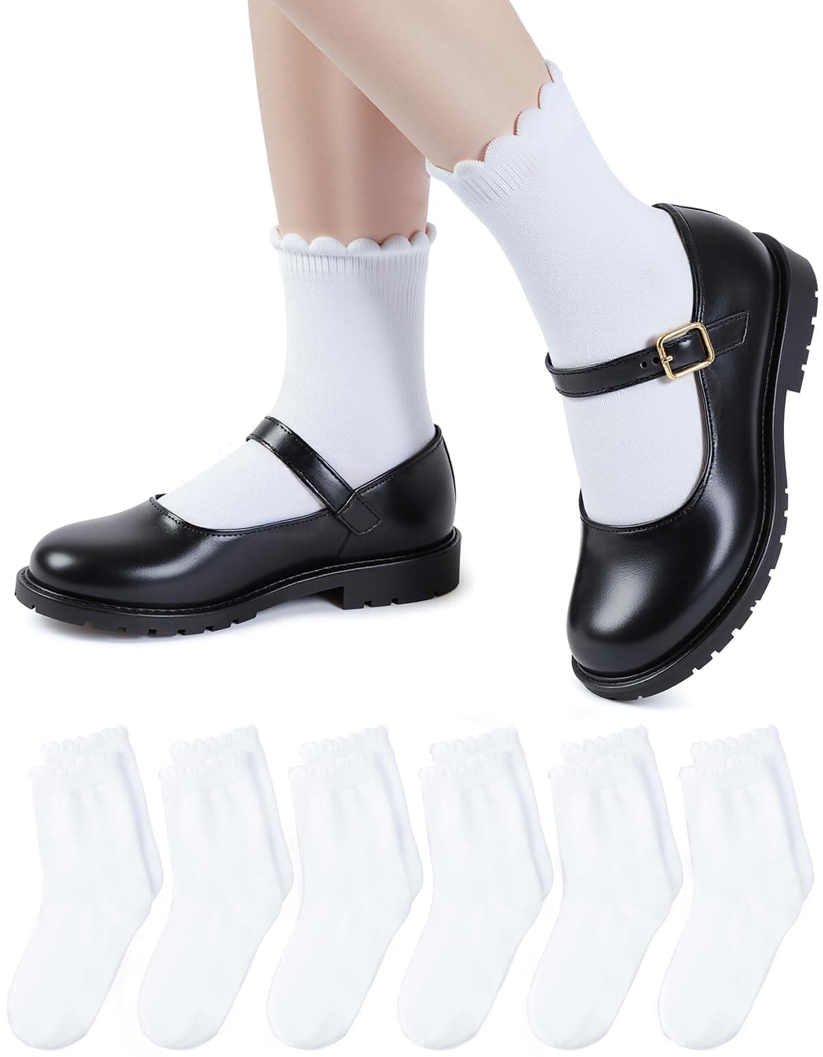 HONGTEYA 6 Pairs Girls White Ruffle Socks School Uniform Dress Socks for Kids Seamless Crew Ankle Cotton Size 414 Years US Age 6 Years 8 Years white