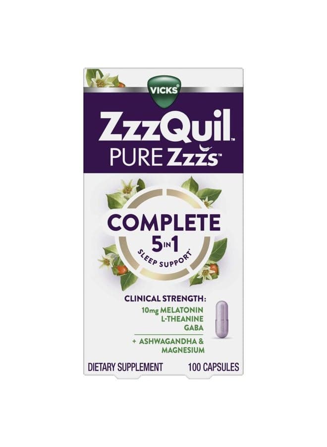 ZzzQuil Pure Zzzs Complete Sleep, Melatonin 10mg, L-Theanine, GABA, with Ashwagandha, and Magnesium, Melatonin Sleep Aid, 100 Count