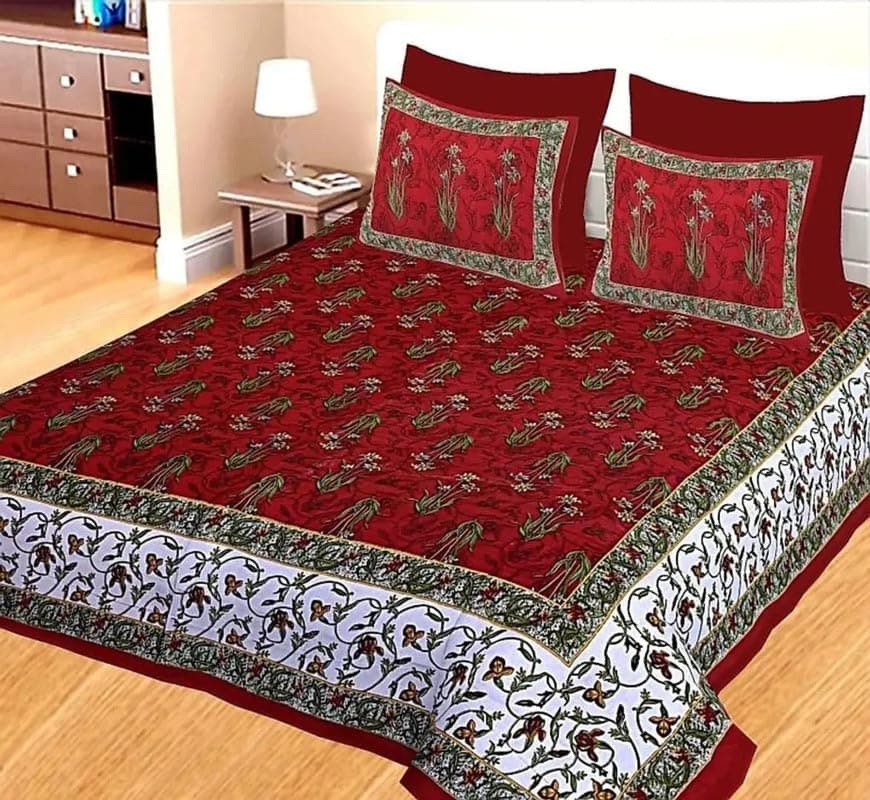 EWISH BOX 100 Cotton Rajasthani Jaipuri Queen Size Double Bedsheets with 2 Pillow Covers Red