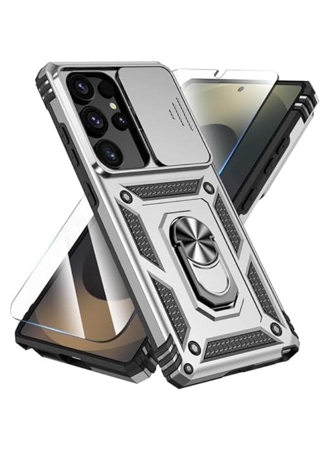 Phone Case for Samsung Galaxy S25 Ultra Case with HD Screen Protector u0026 Kickstand u0026 Slide Camera Cover, Protective Phone Case for Galaxy S25 Ultra 6.9,Silver