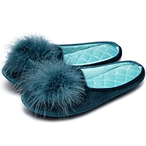GRITHEIM Women's Fuzzy Pom Pom Feather Velvet House Slippers Sexy Cozy Bedroom Slippers for Ladies Non-slip Sole Indoor Outdoor Turquoise 7-8