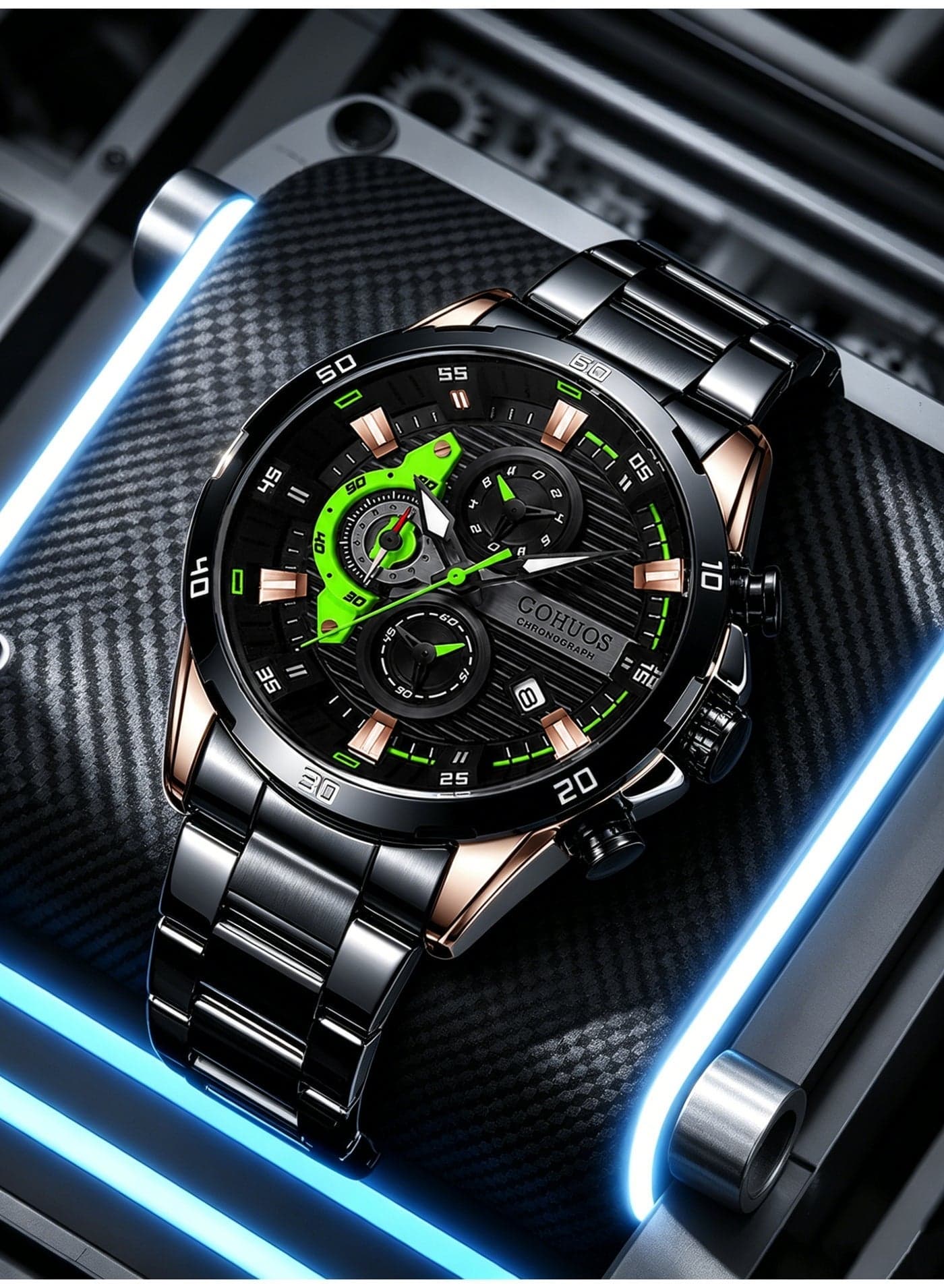 Stainless Steel Watches for Mans Creative Fashion Luminous Dial with Chronograph Clock Male Casual Wristwatches - 47mm - Black