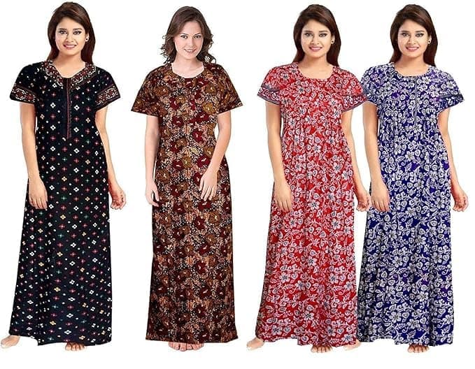 Vlazom Women's Cotton Nightgown – Pack of 4 Printed Maxi Nighties | Ankle Length Night Dress | Free Size Sleepwear (Option-18, Free Size)