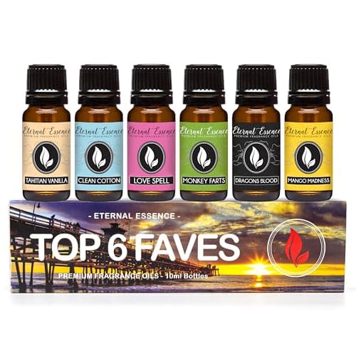 Top 6 Faves - Gift Set of 6 Premium Fragrance Oils - Love Spell, Tahitian Vanilla, Clean Cotton, Mango, Dragon's Blood and Monkey Farts - 10ML