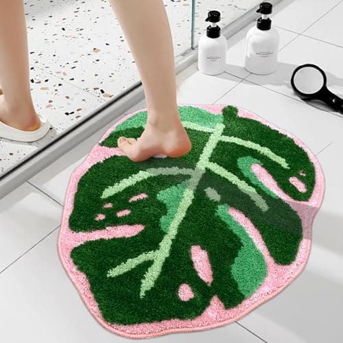 Sisher Leaf Rug,Monstera Bath Mat Cute Bathroom Mat Non Slip Palm Shaped Plush Fun Area Rug Bathtub Rugs Machine Washable Green and Pink Leaf Mat(21"X26")
