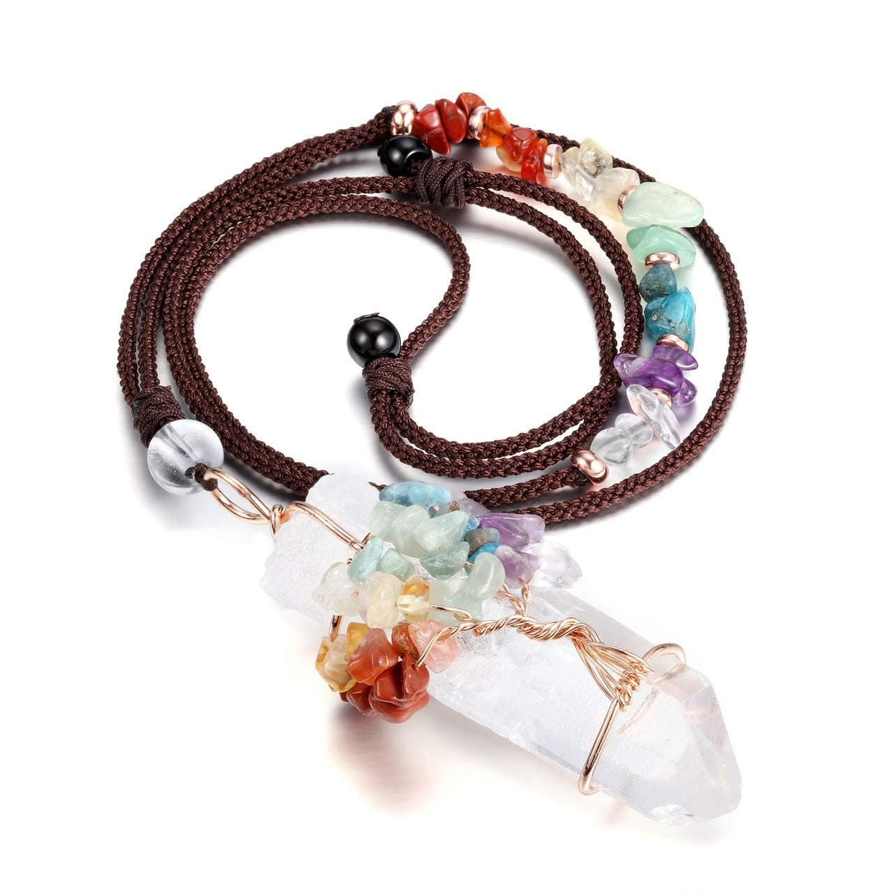 Jovivi 7 Chakra Gemstone Healing Crystals Necklace Wire Wrapped Natural Raw Clear Quartz Crystal Stone Pointed Pendant Necklace Adjustable Rope