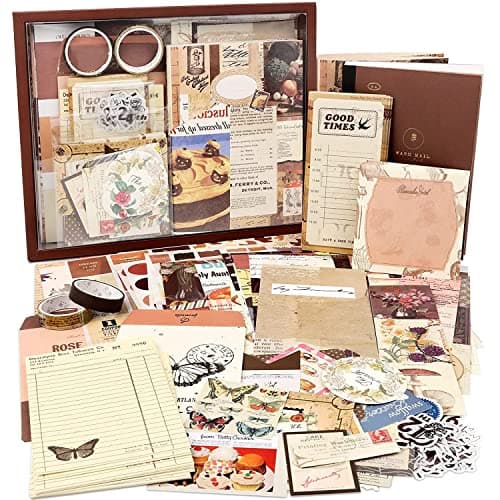 SGMVK Vintage Aesthetic Scrapbook Kit, 346 Pcs, A6 Grid Notebook, Washi Stickers, Envelopes, Folding Labels, Scrapbook Papers, Photo Frames, Calendar Stickers Envelopes Memo Pad Art Journal Kit(BROWN)