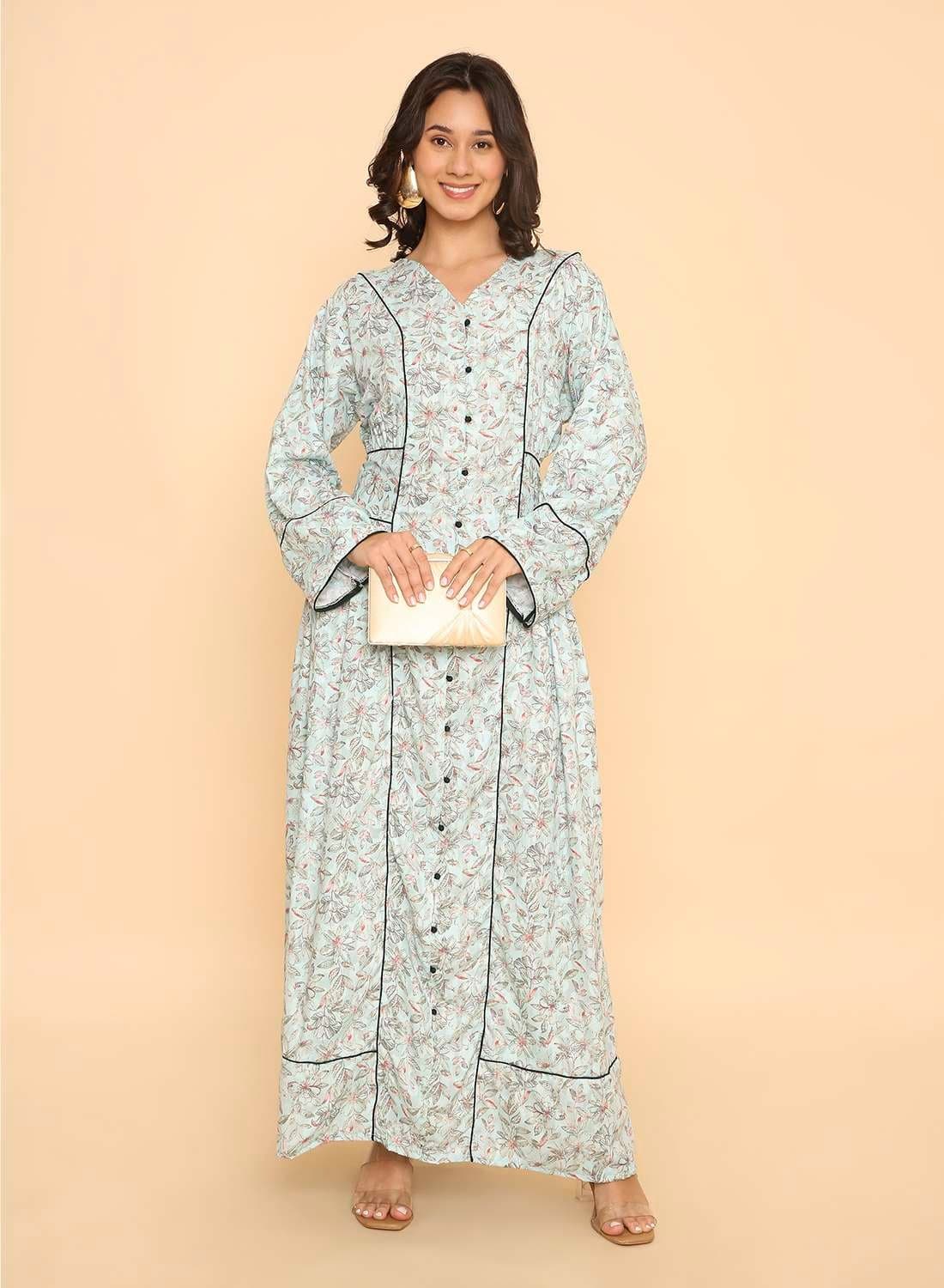 Elegant pale blue printed arabic jalabiya dress for womens