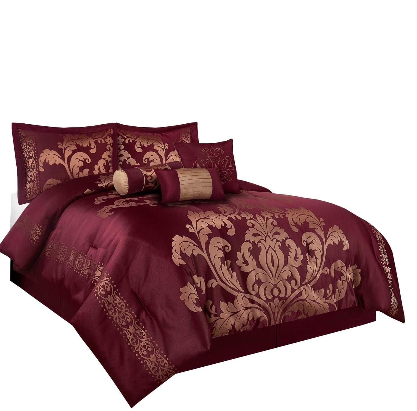 Chezmoi Collection 7Piece Jacquard Floral Comforter Set King Maroon