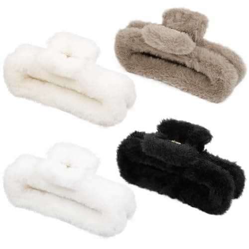 Extra Large Plush Claw Clips for Women 5 Inch Unbreakable Large Fluffy Claw Clips for Thick Hair Neutral Huge Hair Clips Nonslip Hair Claws Tight Strong Hold Hair Claw for Women Girls 4 Packs