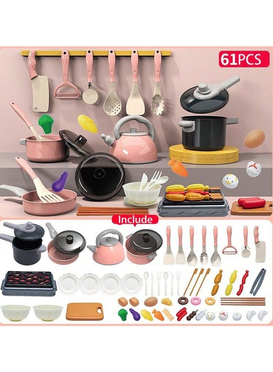 Deluxe Mini Kitchen Playset - 61-Piece Complete Cooking Set with Pressure Cooker, Induction Cooker, Cutting Fruits, and Kitchen Utensils - Interactive Toy for Kids to Explore Culinary Skills and Imaginative Play