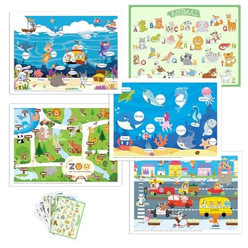 Disposable Placemats for Baby Toddlers Plastic Sticky Table Mats Babies for Restaurants Parties Preschool Dining Table 5 Fun Designs Alphabet Sea DeepSea Road Zoo Animal40 Pack 12x18 Inches