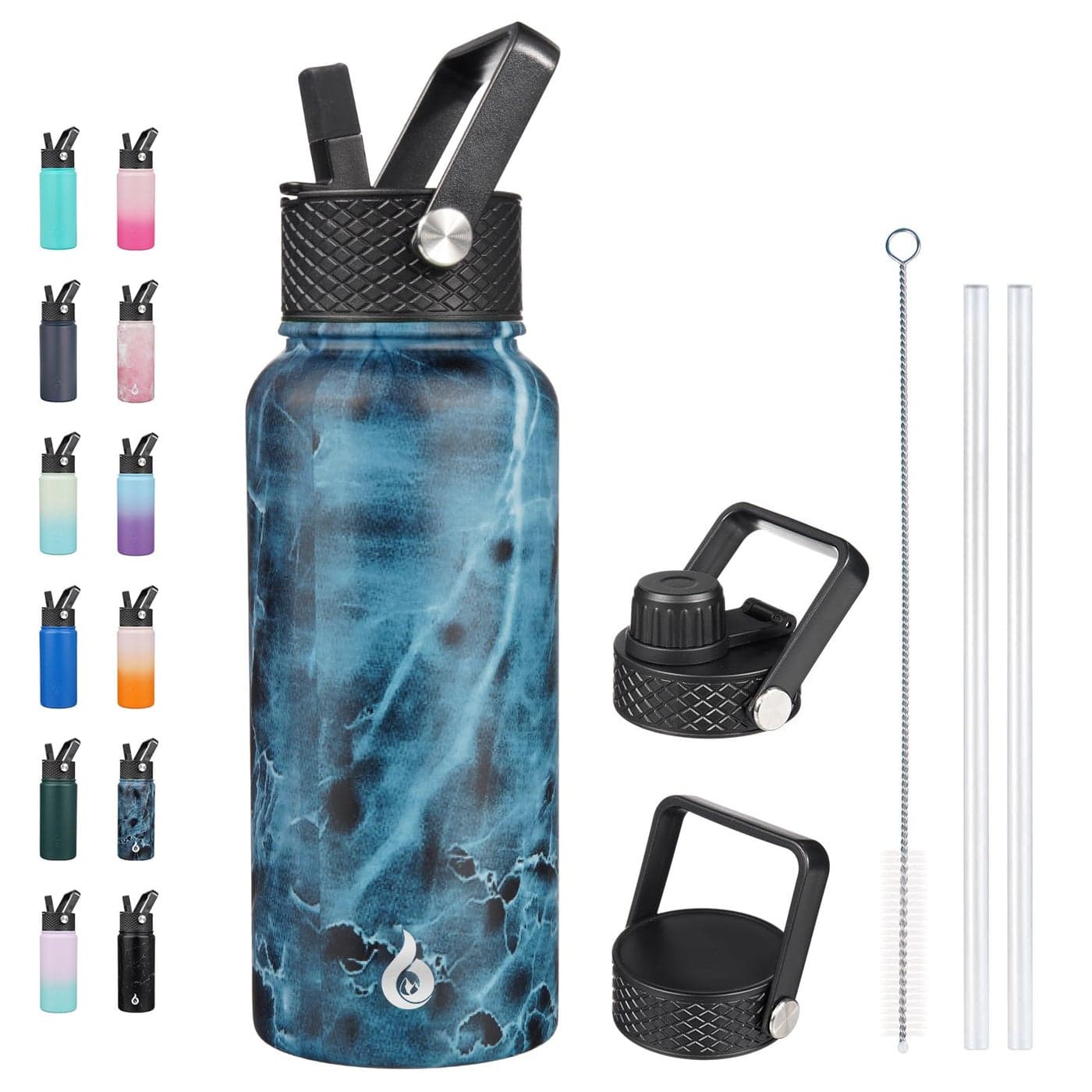 BJPKPK Insulated Water Bottles with Straw Lid 32oz Metal Large Water Bottle with 3 Lids Reusable Leak Proof BPA Free Thermos Stainless Steel Tumblers for Sports Gym TravelOcean