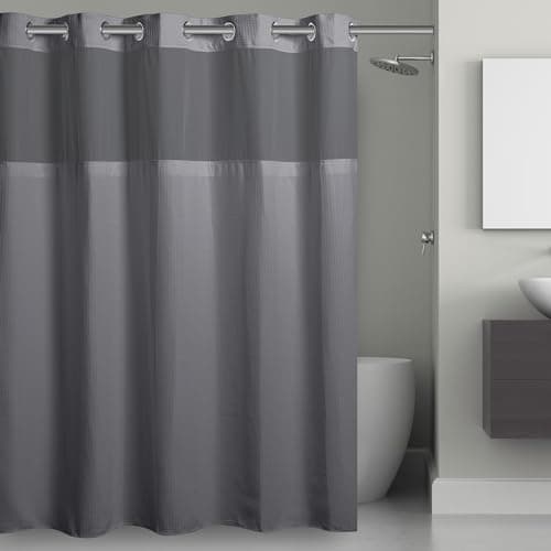 Hookless Its A Snap Waffle Shower Curtain 3in1 Shower Curtain Includes Fabric Shower Curtain with Sheer Top Window FlexOn Rings Fabric Liner 71 x 74 Frost Grey