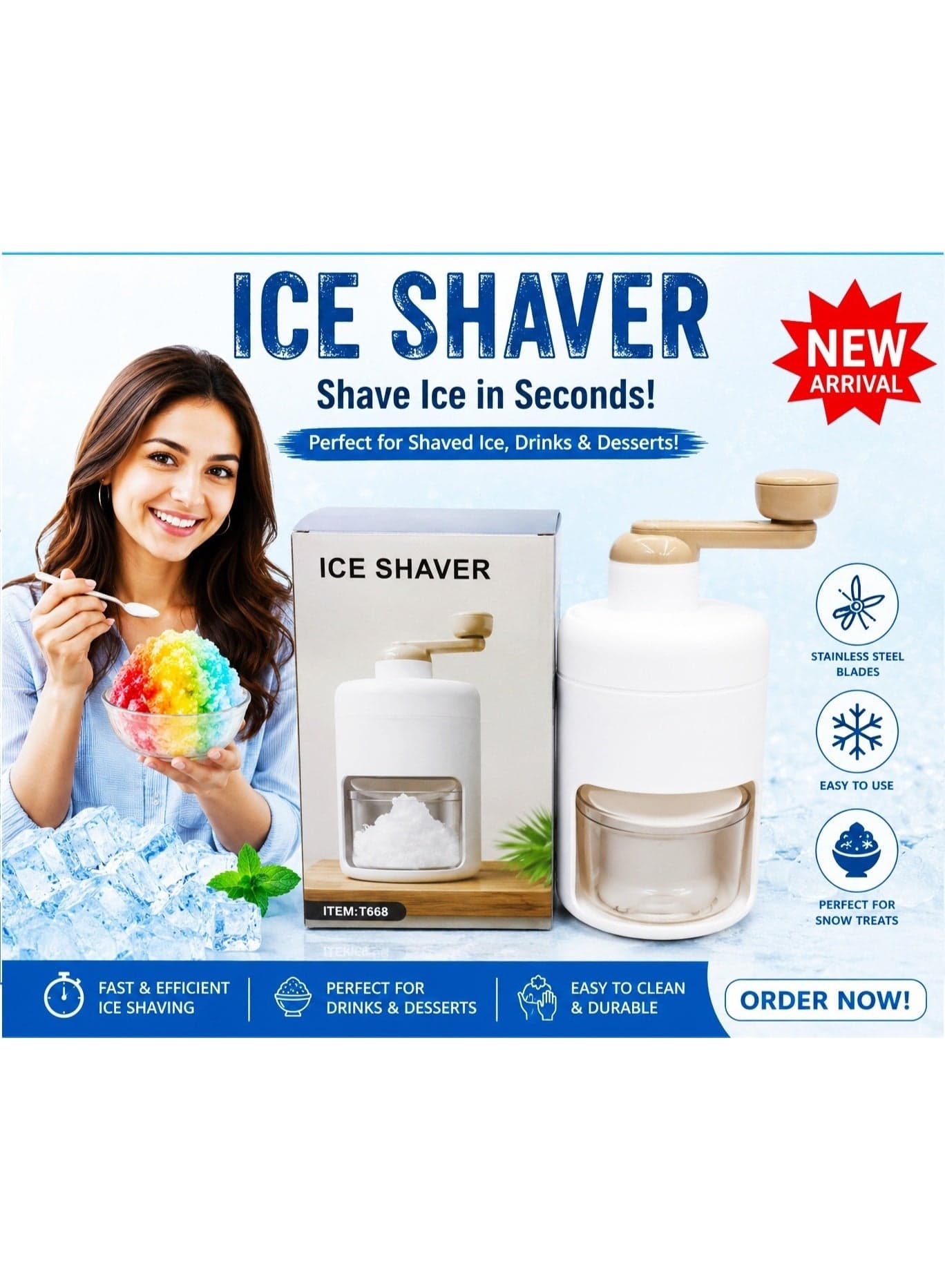 Heavy-Duty Manual Ice Shaving Machine for Quick and Efficient Ice Preparation Built for durability and performance, this heavy-duty ice shaver quickly transforms ice cubes into fine flakes. Its sturdy construction, efficient blade system, and compact design make it suitable for frequent everyday use