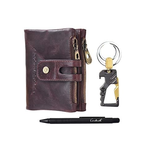 Contacts Men's Genuine Leather RFID Blocking Card Holder Wallet Case with Keychain & Pen (N42-Brown)…