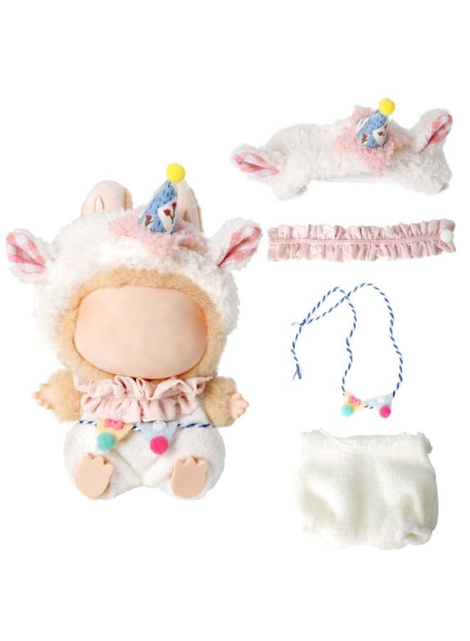 4 Set 17cm Doll Clothes, Clothes for Labubu Dolls, Outfit Accessories for Dolls Clothes, Include Hat, Sweater, Backpack, Shoes, Fit for Girls, Kids, Holiday Present, No Doll Included, White
