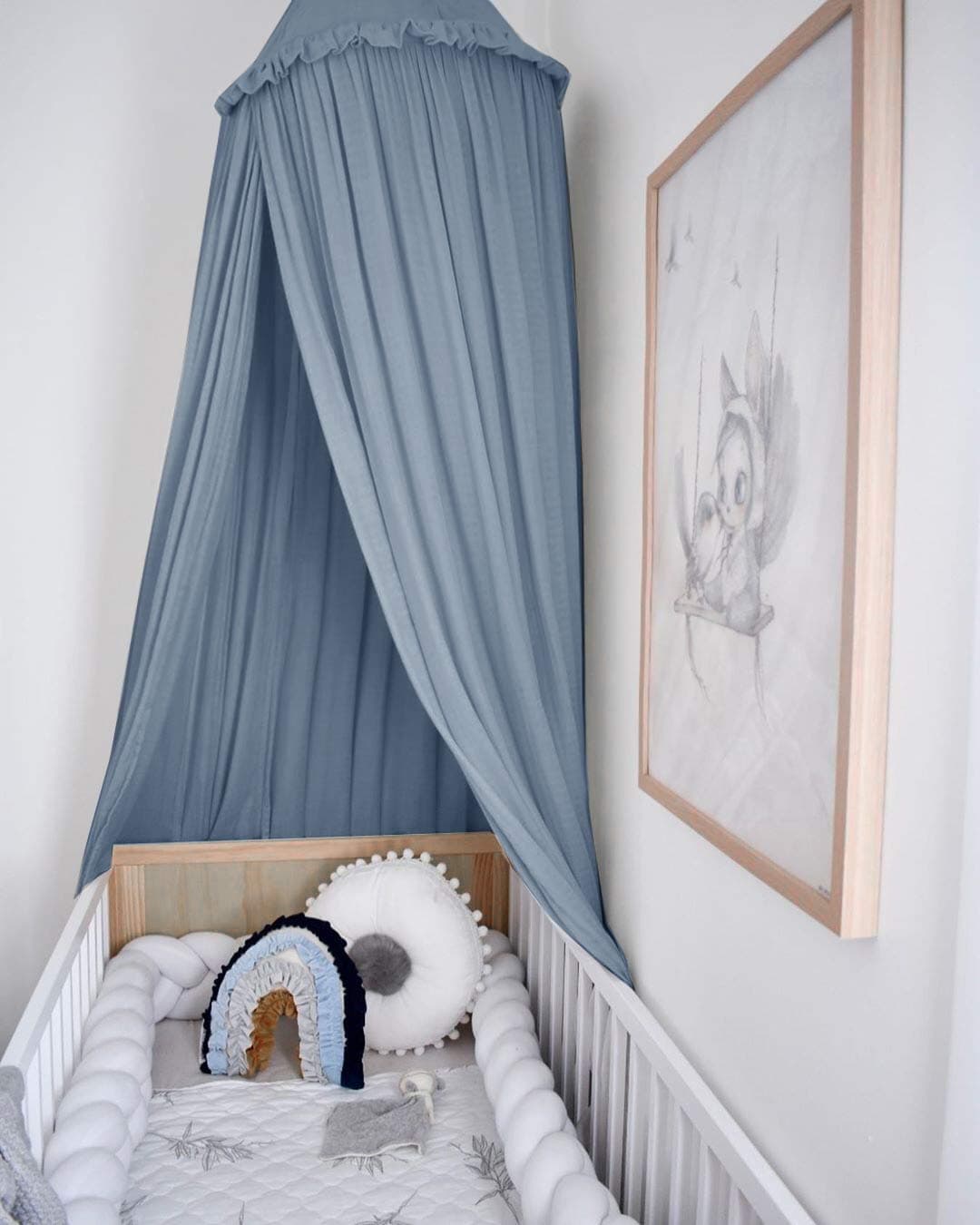 IBIZA VIBE MAMERIA Kids Bed Canopy with Frills Cotton Hanging Tent Curtain Net for Reading Nook Hideaway Bedding Play Room Decor(Blue)