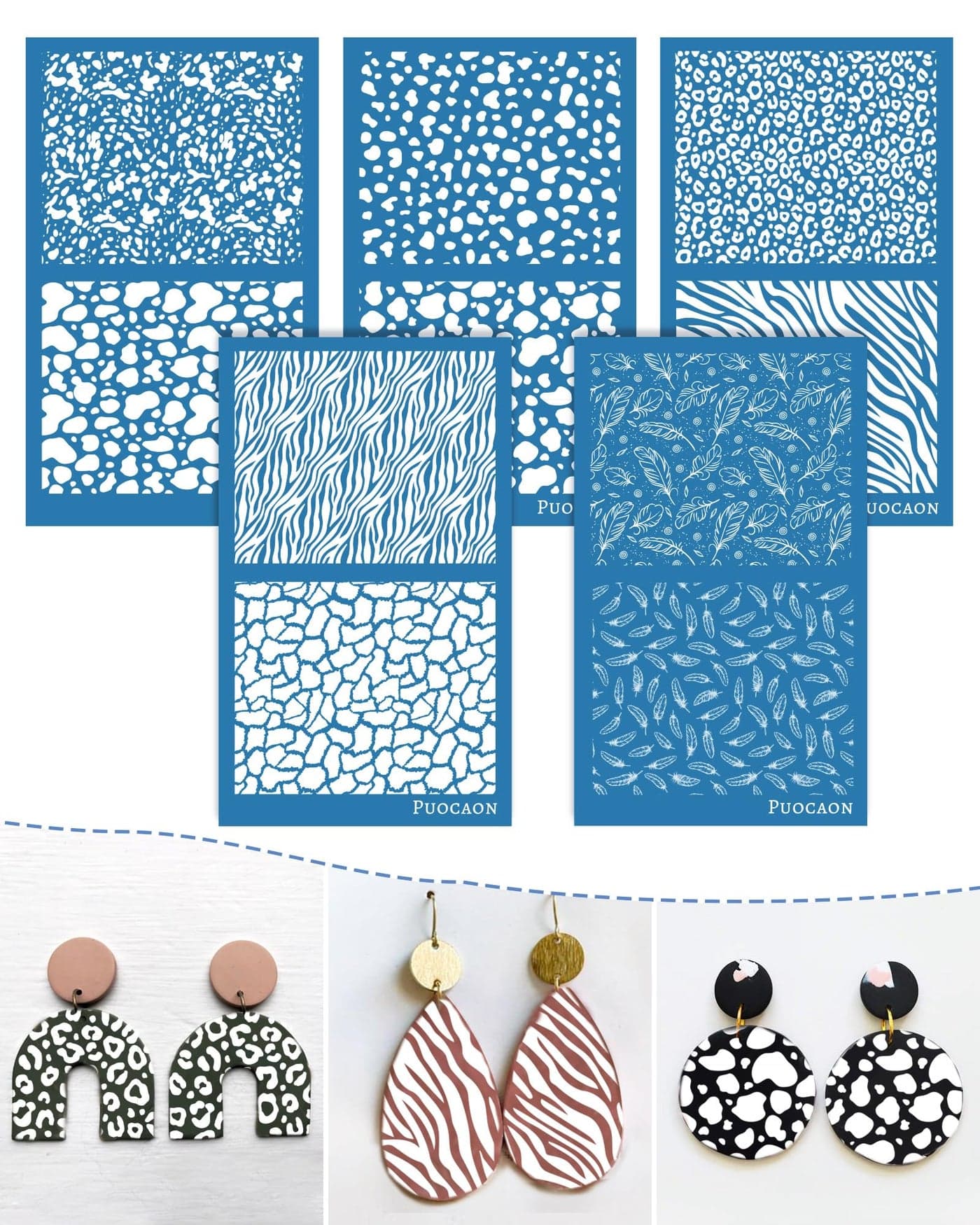 Puocaon Animal Print Silk Screen 5 Pcs Dalmatians Cow Spot Stencils for Polymer Clay Earrings Leopard Tiger Zebra Pattern