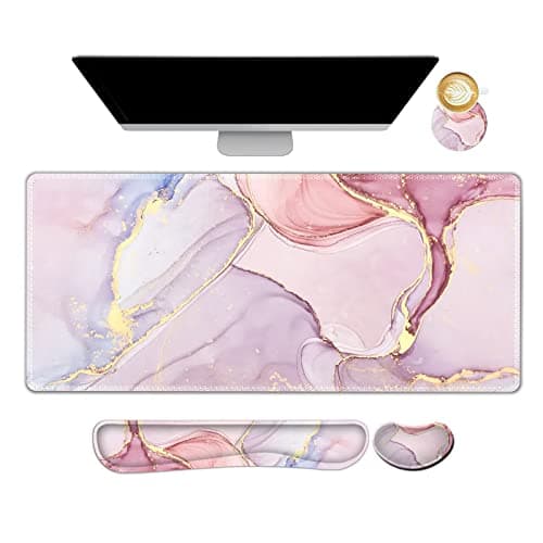 ARTSO Large Gaming Mouse Pad, Keyboard Wrist Rest Pad & Wrist Support Mousepad Set, Stitched Edge, Extended, Non-Slip Base, Memory Foam,Multifunctional Desk Mat for Office & Home, Purple Pink Marble