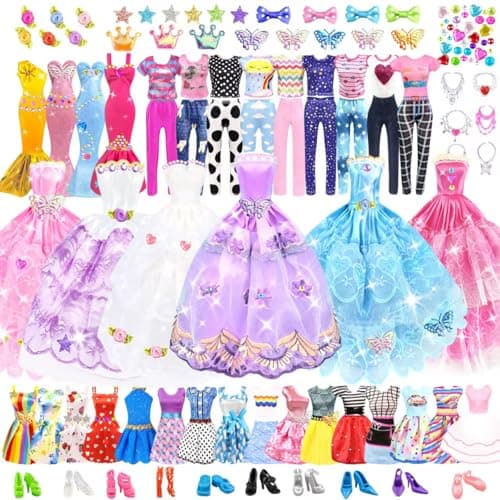 75Pcs Doll Clothes and Accessories Fashion Design kit for 115 Inch Doll Dress Up Including 2 Wedding Gown Dresses 1 Fashion Dress 2 Party Dress 8 Mini Dresses 3 Tops and Pants 10 Shoes 6 Necklaces