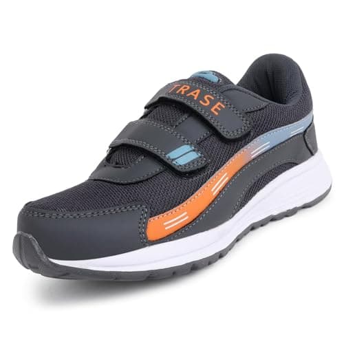 TRASE Sports Shoes for Kids | Running Shoes for Boys & Girls with Hook & Loop | Anti-Skid Comfortable Lightweight Footwear with Breathable Fabric (Grey-Orange, 11 UK)