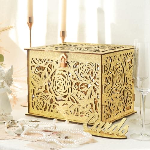 OurWarm Glittery Gold Wedding Card Box with Lock Wood Gift Card Box for Reception Money Honeymoon Fund Card Boxes for Baby Shower Birthday Graduation Party Rustic Wedding Decorations