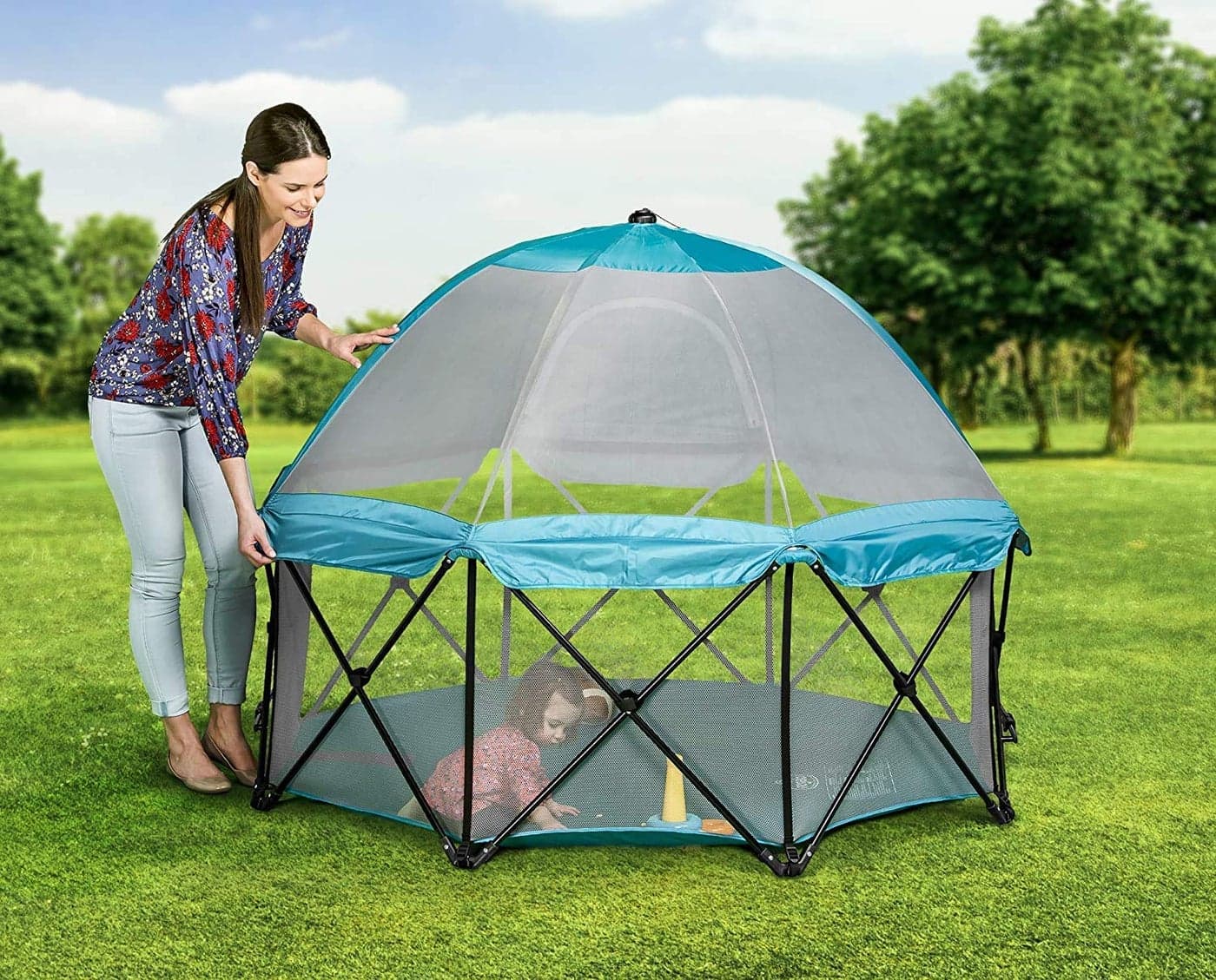 Regalo My Play Deluxe Extra Large Portable Play Yard Indoor and Outdoor Includes a Full Canopy Teal 8Panel