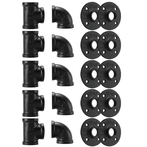 3/4" Black Pipe Fitting, Home TZH 20 Pack Floor Flange/Elbow/Tee Combo for Industrial vintage style, Flanges/Elbow/Tee with Threaded Hole for DIY Project/Furniture/Shelving(20, Black 3/4")